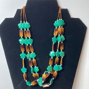 Green Brown Gold Flower Bead Necklace 18" 3" Extender
